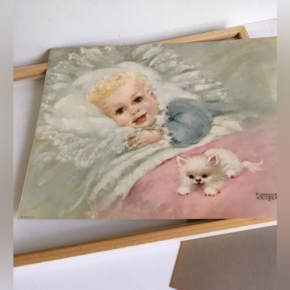 1950's D.A.C. Framed Florence Kroger Print Baby & Kitten "Wake Up Time" - Picture 2 of 10